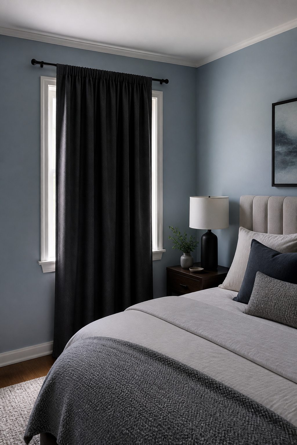 9 Window Curtain Ideas for Single Panels, Small Spaces and Style 9 A charcoal blackout curtain drapes over a small bedroom window.