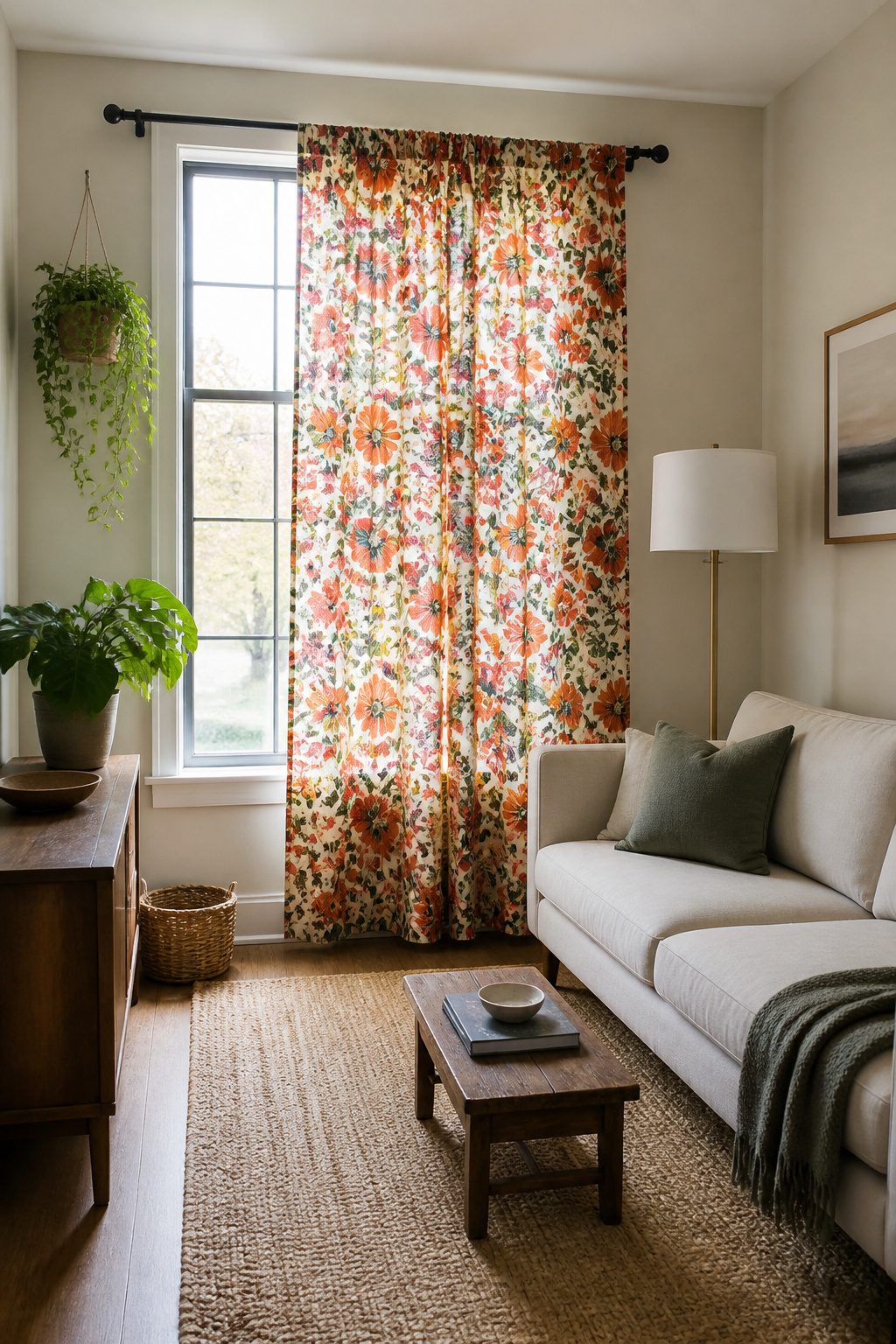 9 Window Curtain Ideas for Single Panels, Small Spaces and Style 6 A bold-patterned floral curtain hangs in a small living room window.
