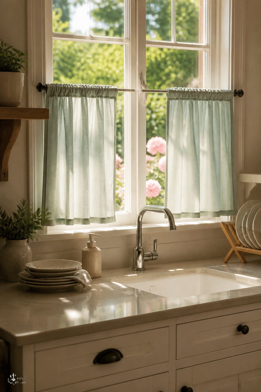 9 Window Curtain Ideas for Single Panels, Small Spaces and Style 4 Pastel café curtains hang across the lower half of a kitchen window.