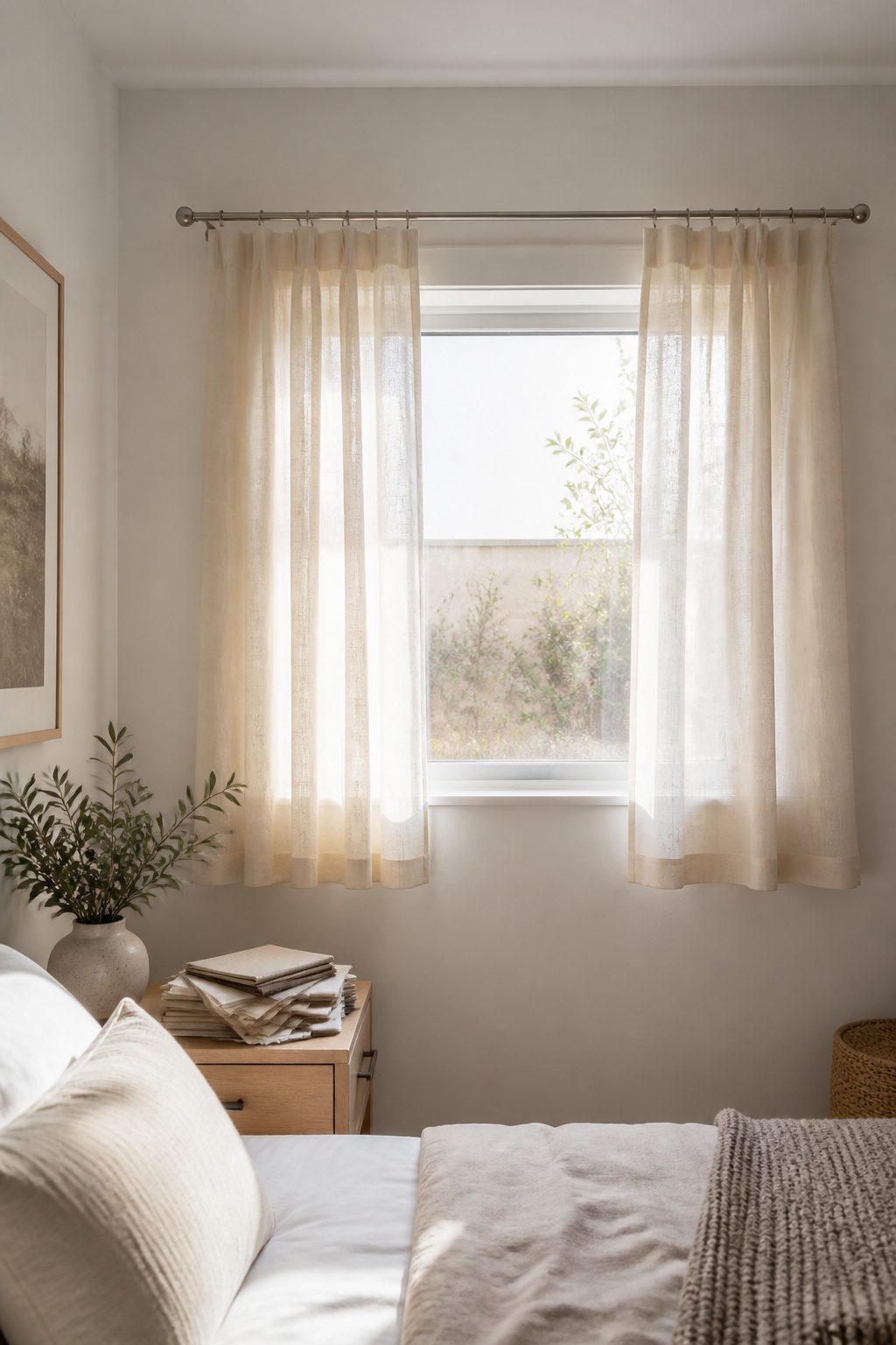 9 Window Curtain Ideas for Single Panels, Small Spaces and Style 10 Lightweight cream linen curtains hang at a small window.