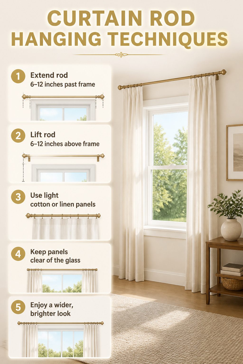 9 Window Curtain Ideas for Single Panels, Small Spaces and Style 11 A diagram showing curtain rod hanging techniques for wider windows.
