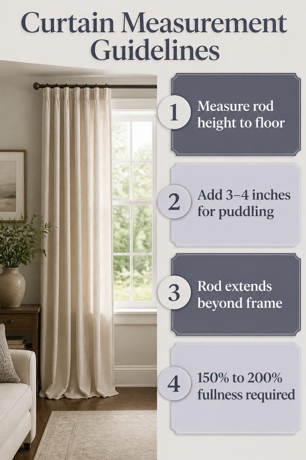 9 Window Curtain Ideas for Single Panels, Small Spaces and Style 12 A diagram outlining curtain measurement guidelines for windows.