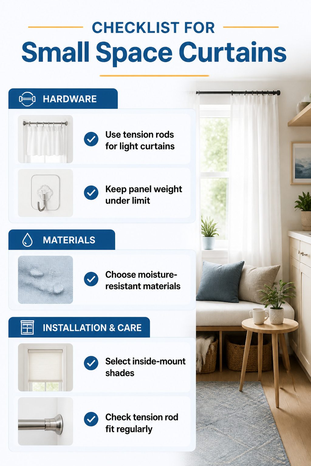 9 Window Curtain Ideas for Single Panels, Small Spaces and Style 13 A checklist for practical solutions for small space curtains.