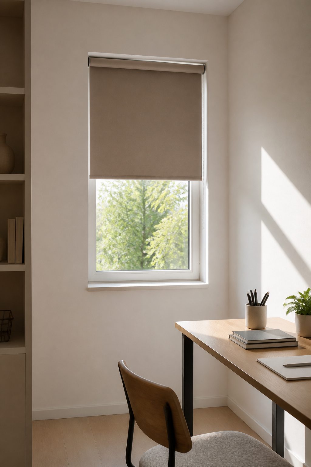 9 Window Curtain Ideas for Single Panels, Small Spaces and Style 8 A muted taupe roller blind sits flush against a small window.