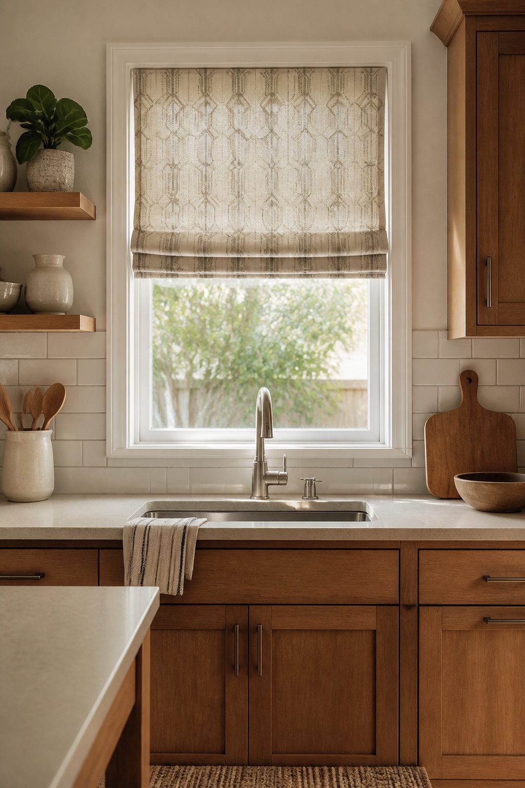 9 Window Curtain Ideas for Single Panels, Small Spaces and Style 3 A light cotton blend Roman shade hangs in a small kitchen window.