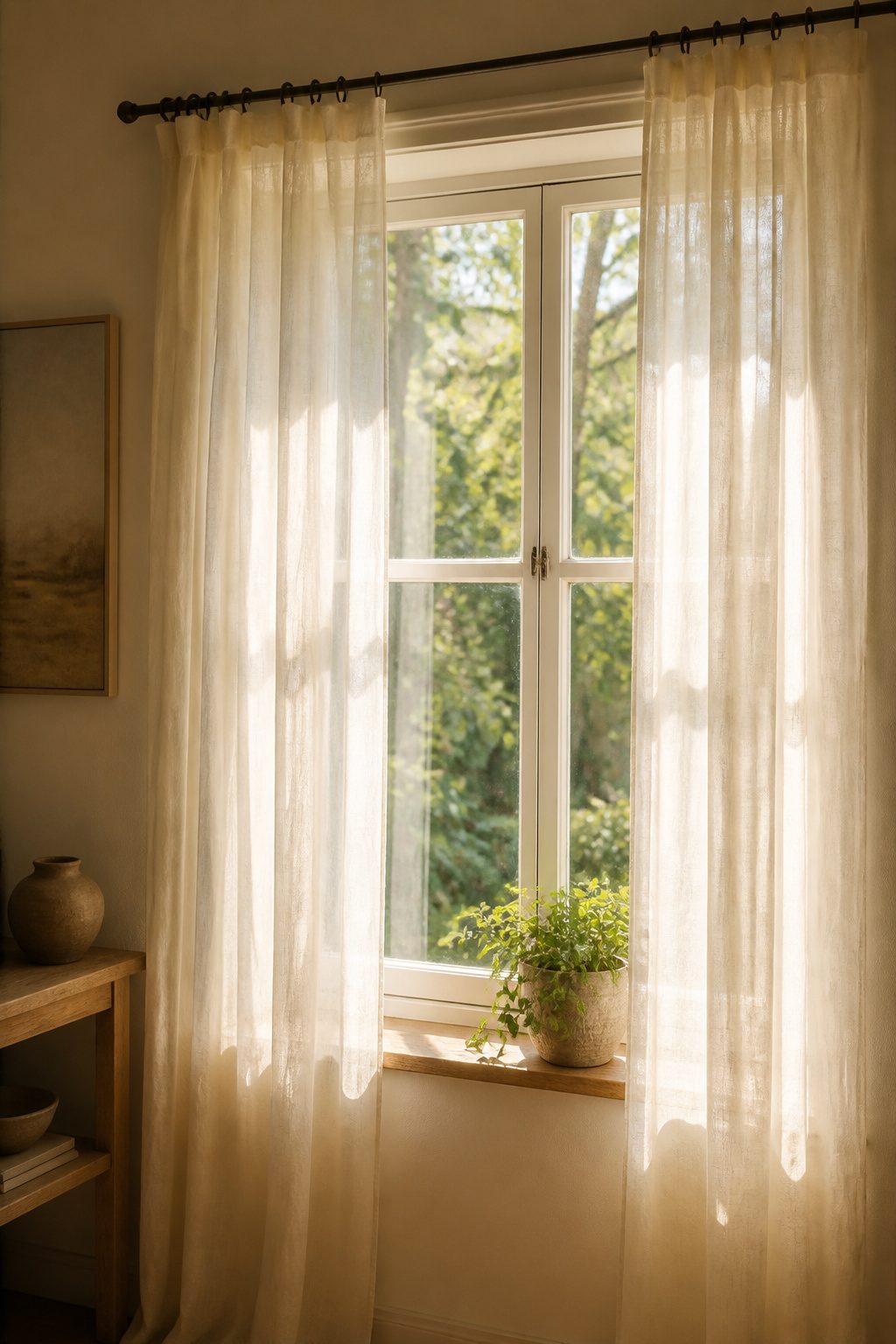 9 Window Curtain Ideas for Single Panels, Small Spaces and Style 2 Warm ivory sheer curtains cascade from a tension rod in a cozy room.