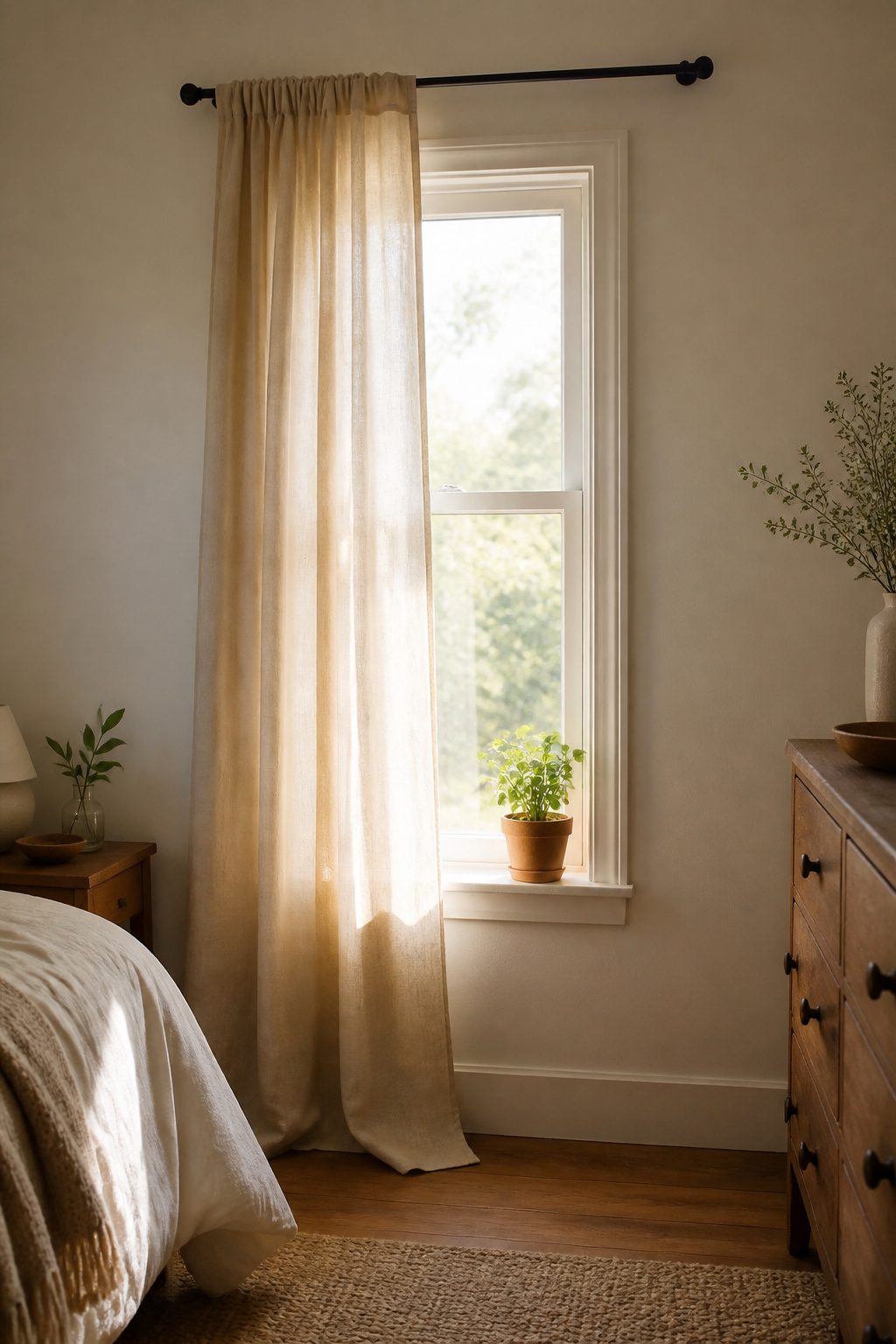 9 Window Curtain Ideas for Single Panels, Small Spaces and Style 1 A light beige single curtain panel drapes by a narrow window.