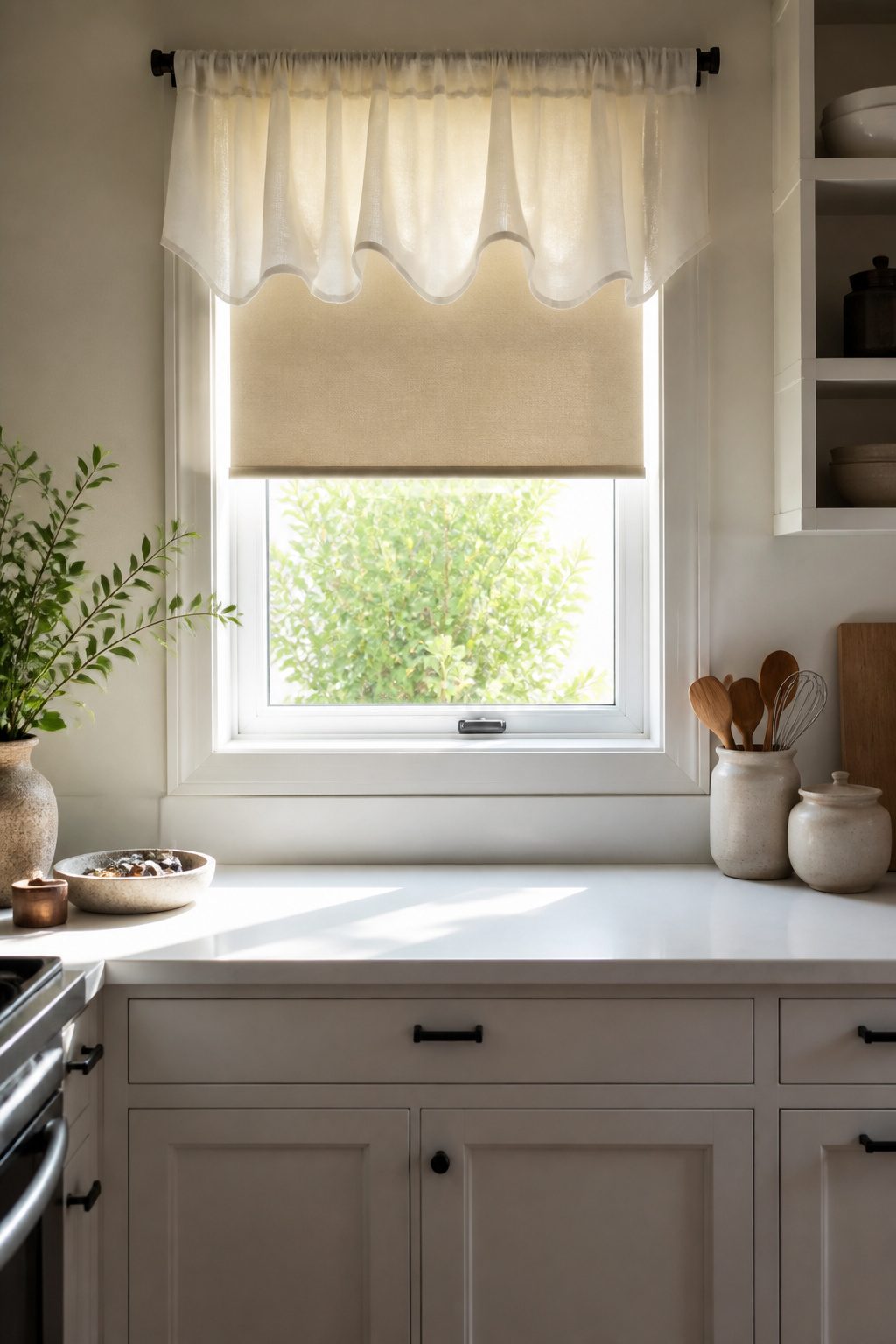 9 Window Curtain Ideas for Single Panels, Small Spaces and Style 7 A voile valance adorns a small window above a roller blind.