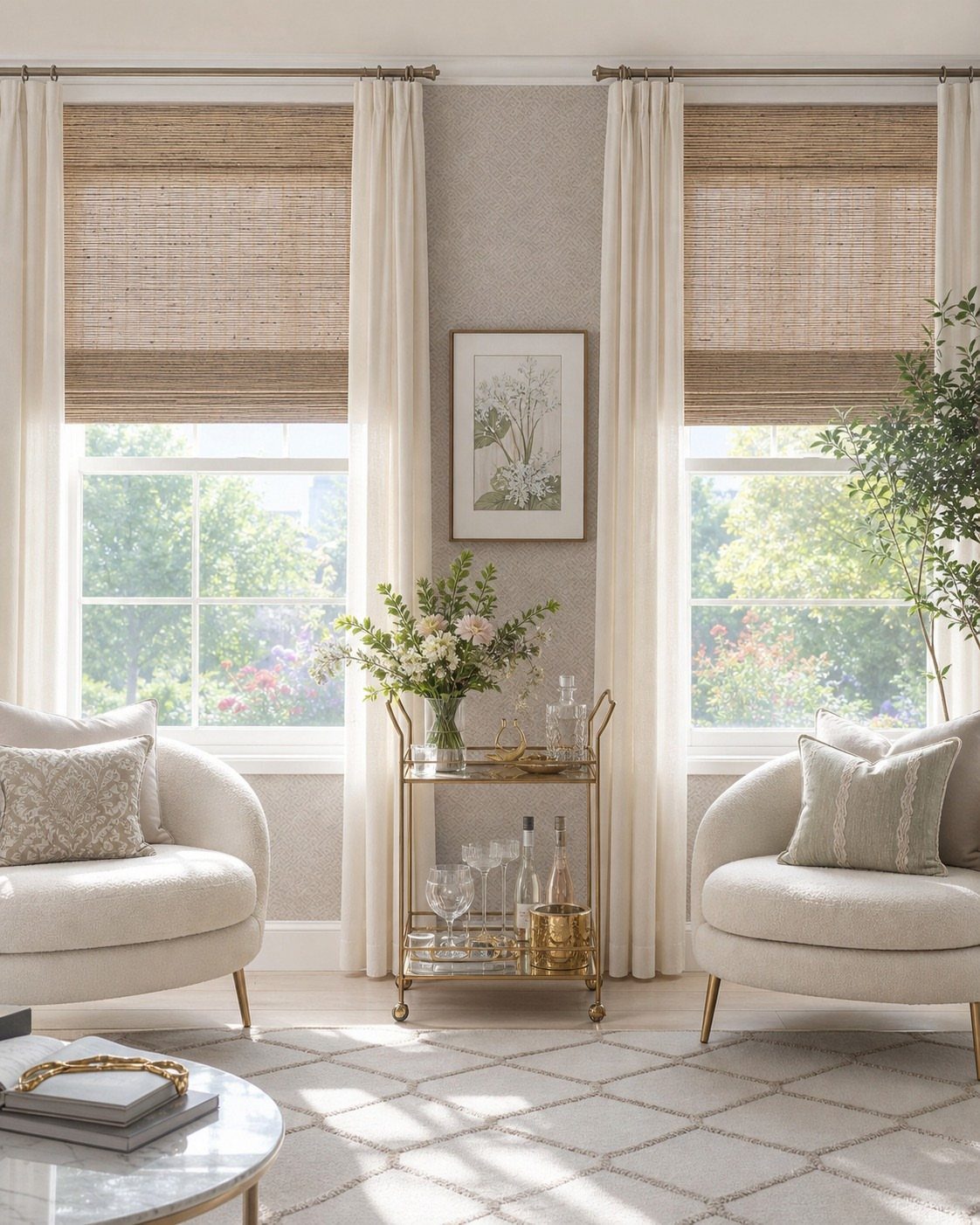 Woven bamboo shades paired with long white curtains on two bright windows in a living room.