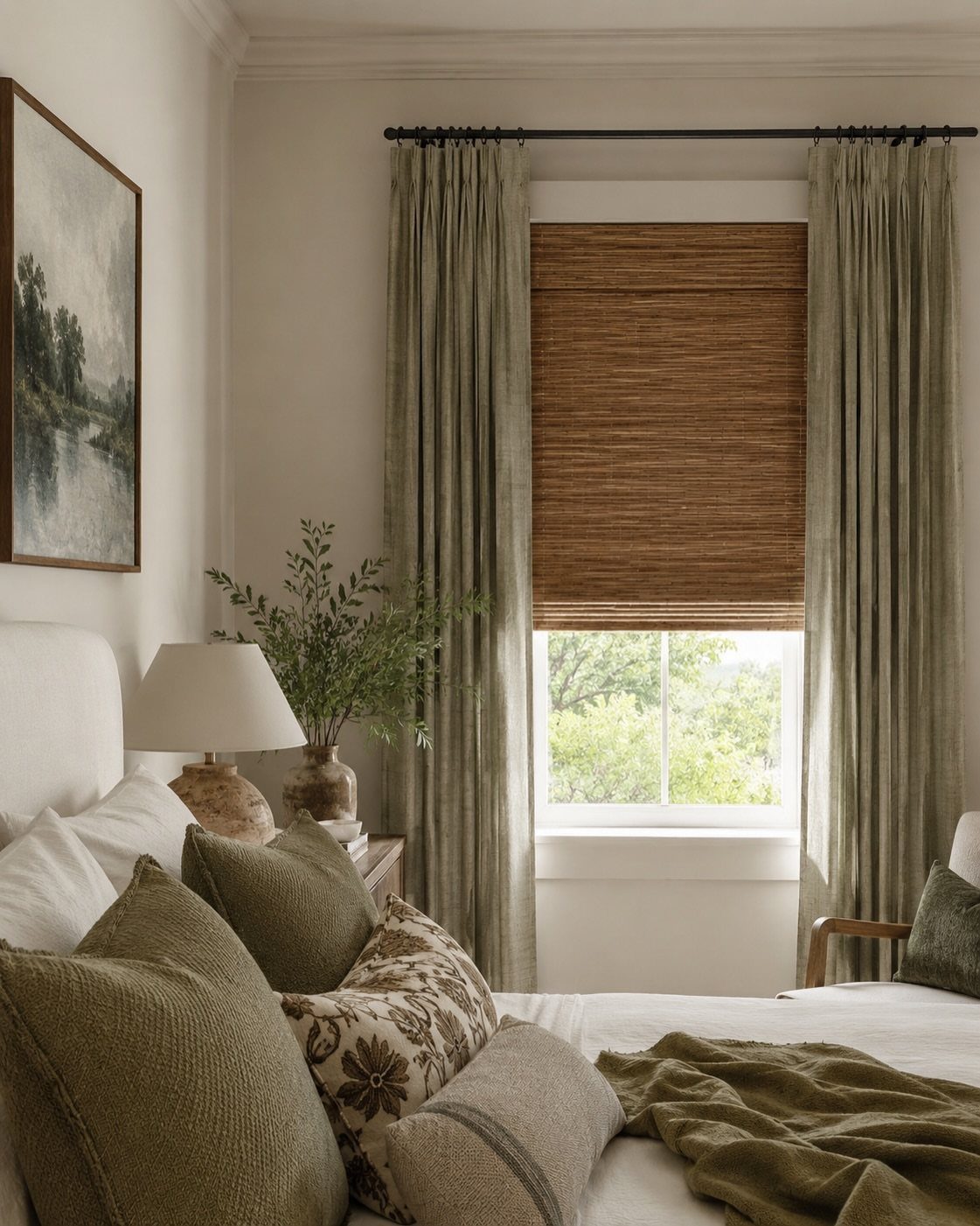 Bamboo shade paired with sage green curtains hanging over a bright window in a bedroom.