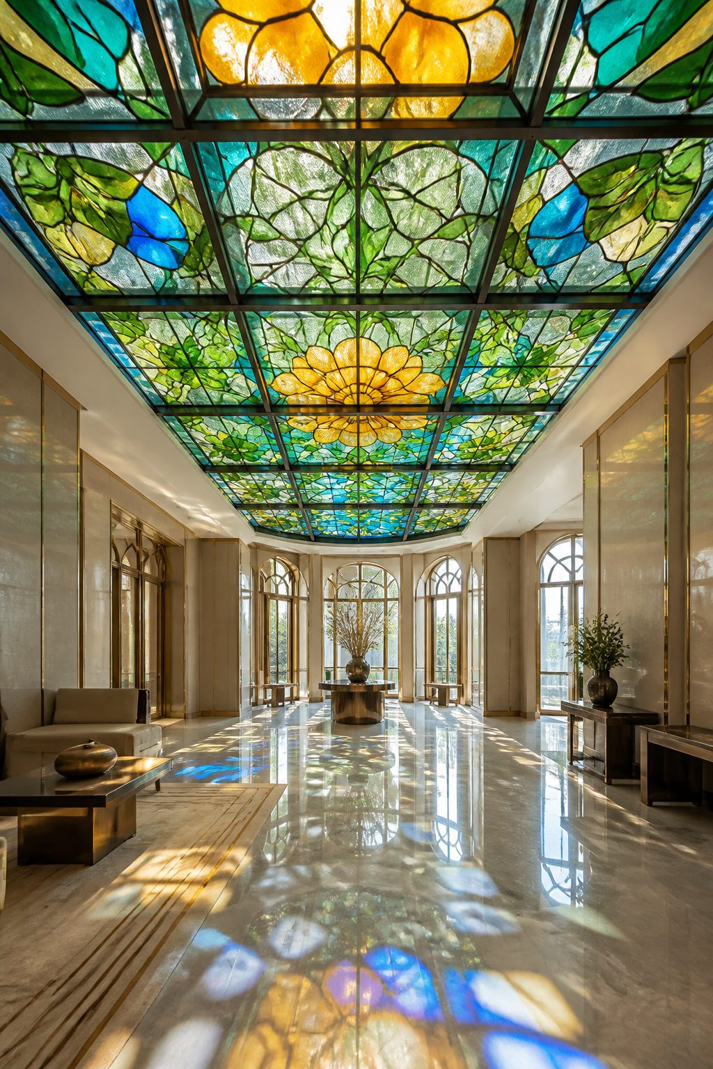 Beautiful Stained Glass Windows: 14 Sites That Changed Light Forever 19 Stained glass ceiling in the Erawan Museum creating colorful reflections.