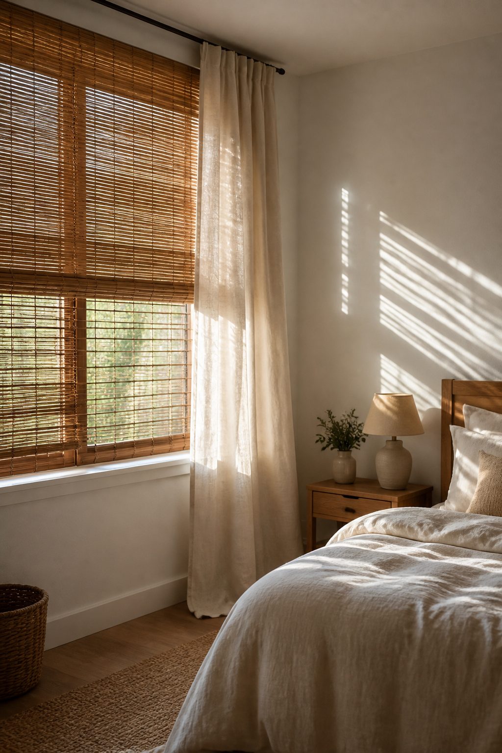 A window framed with natural bamboo shades.