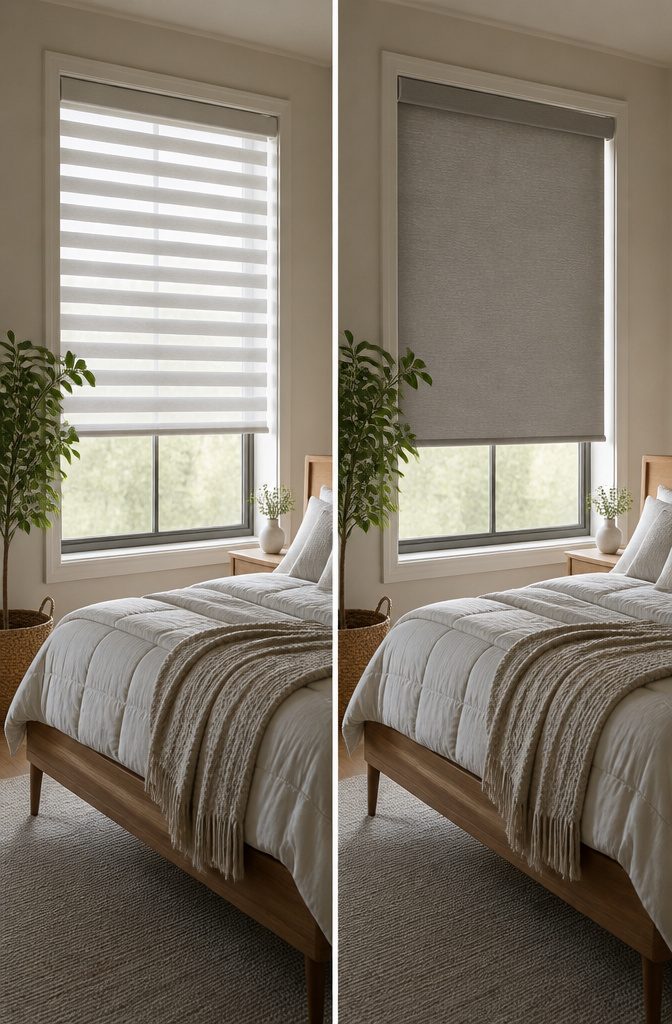 A bedroom window showing various shade options.