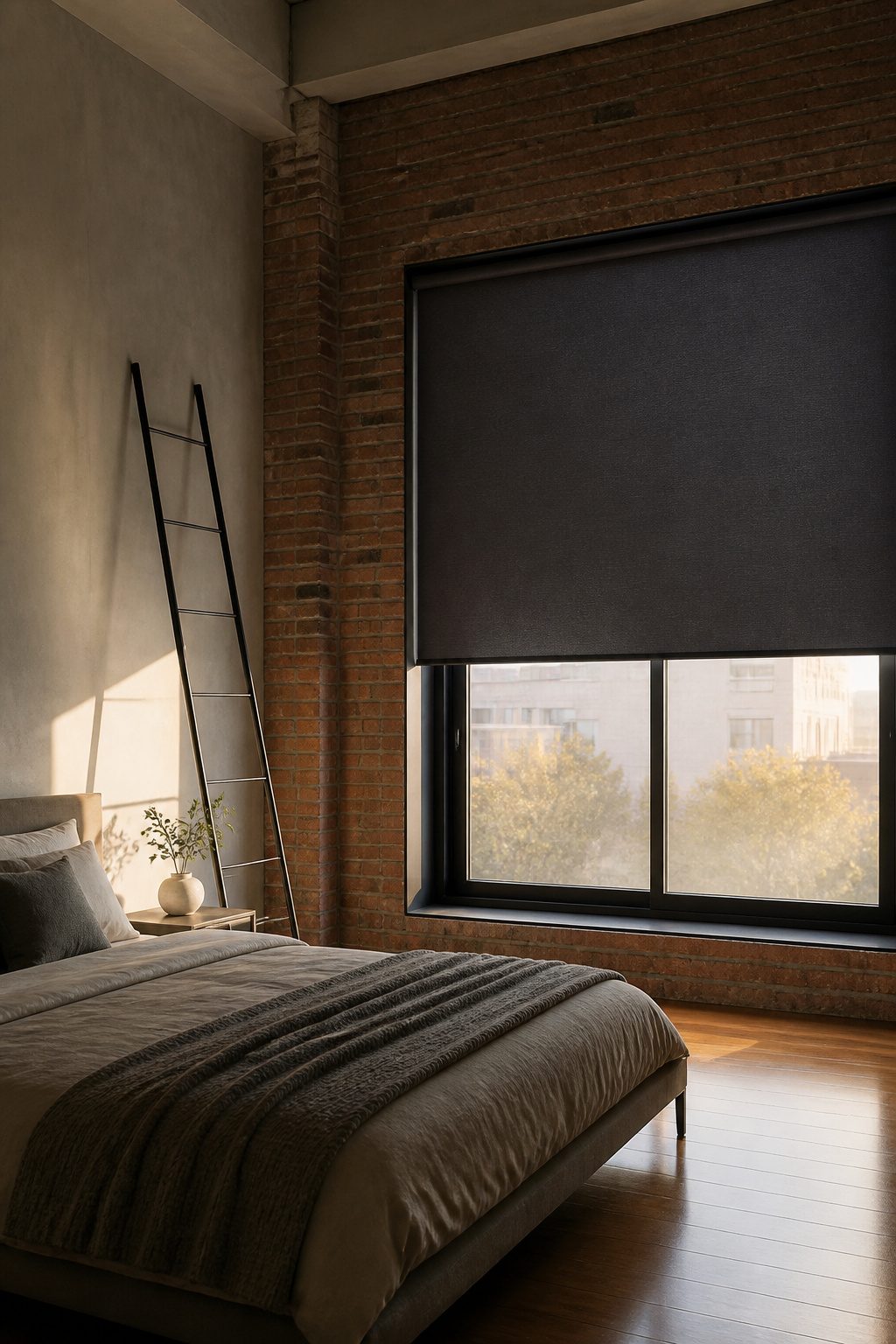 A motorized shade installed over a high window.
