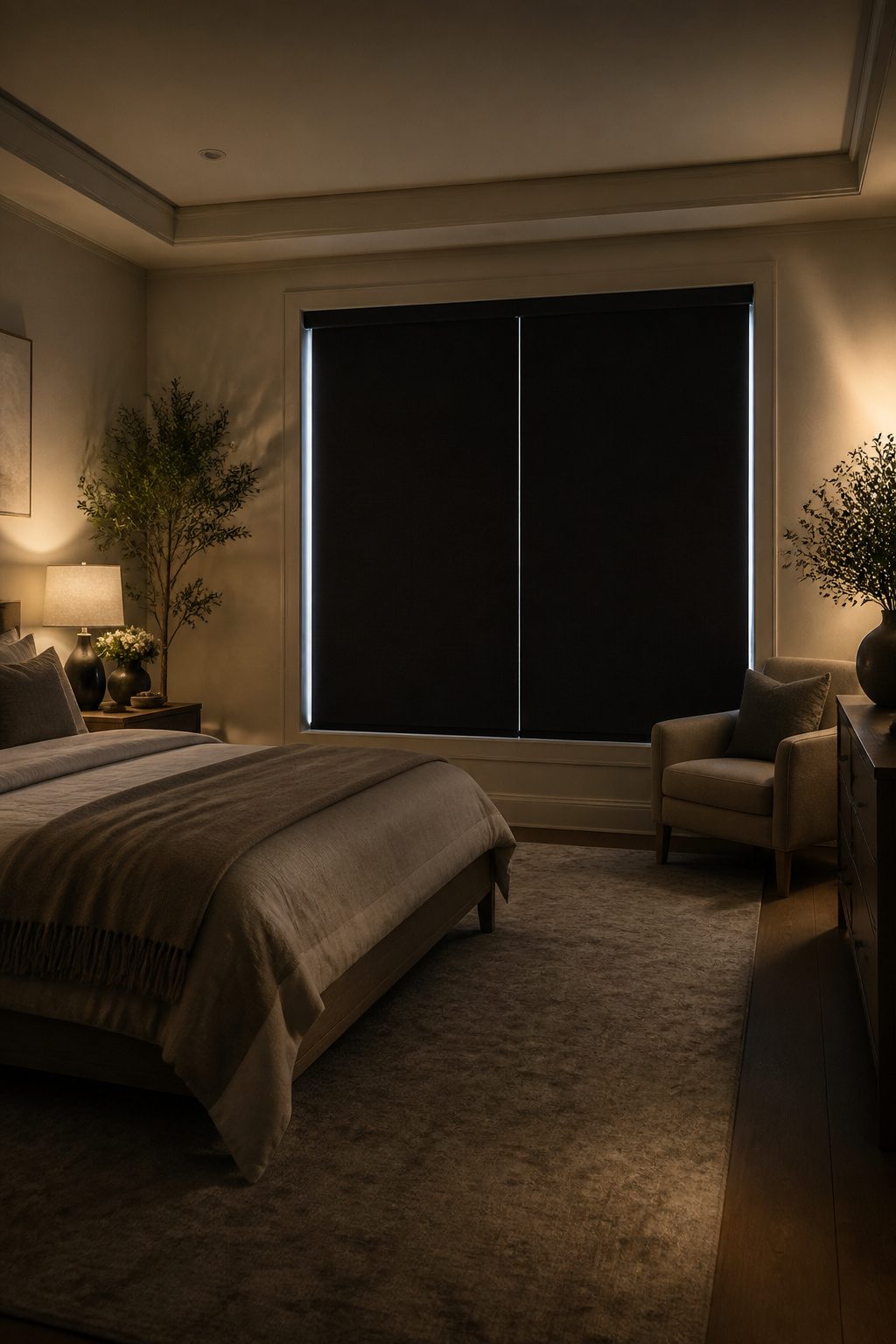 A window with translucent shades during nighttime.