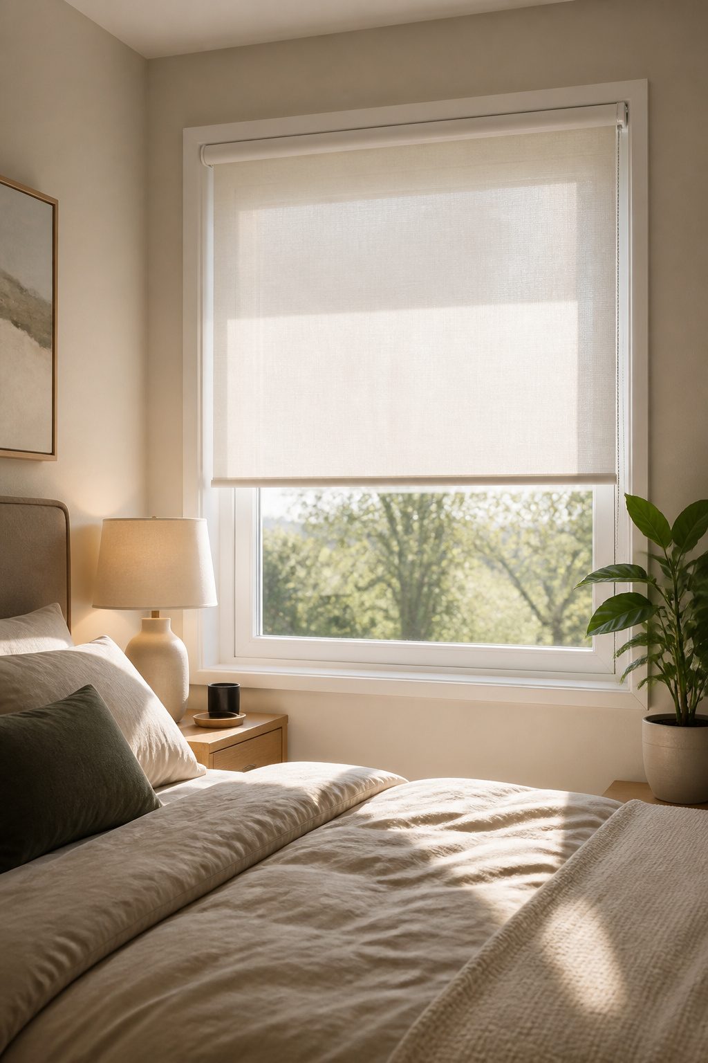 A bedroom window with a light-filtering roller shade.
