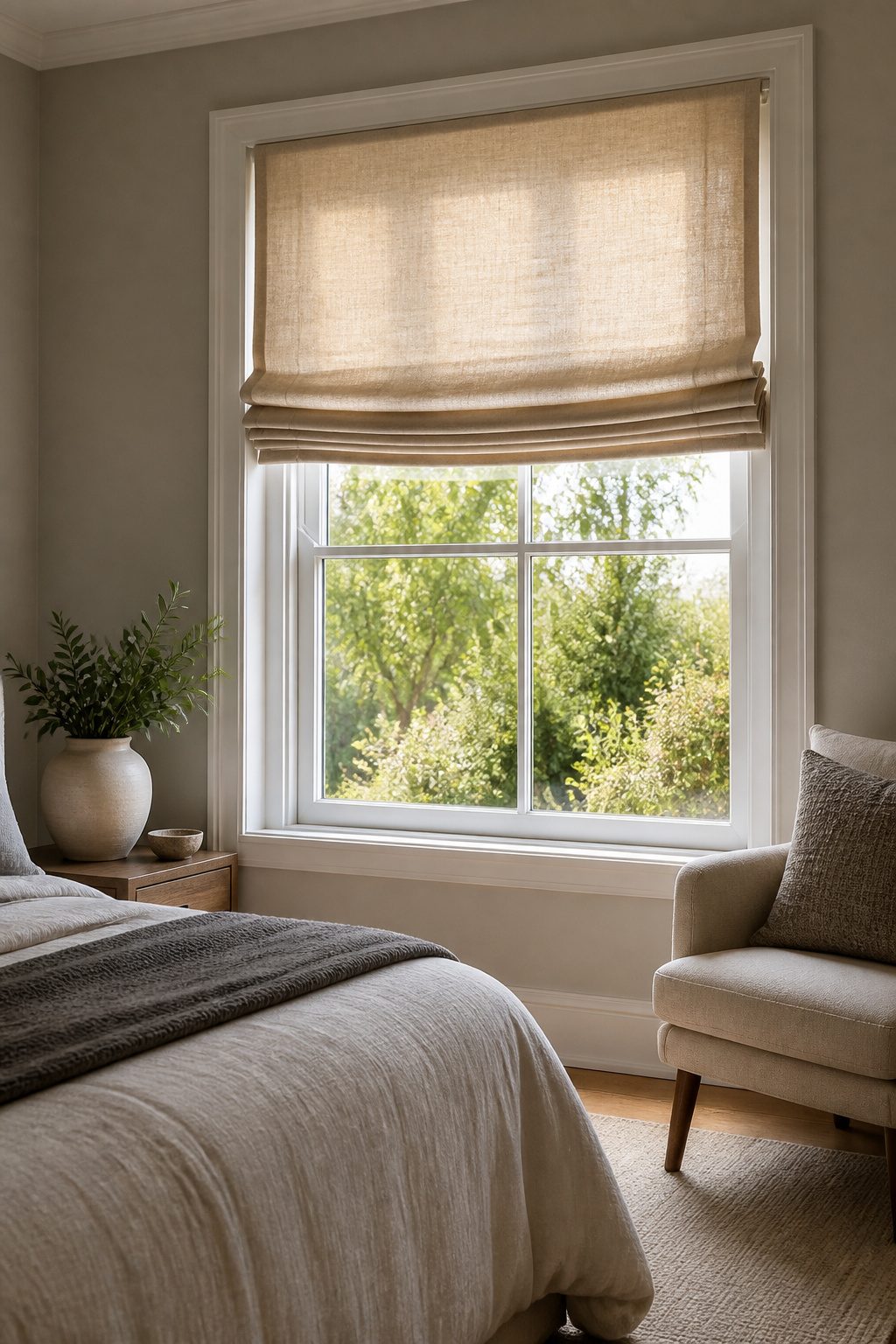 A window dressed with stacked Roman shades.