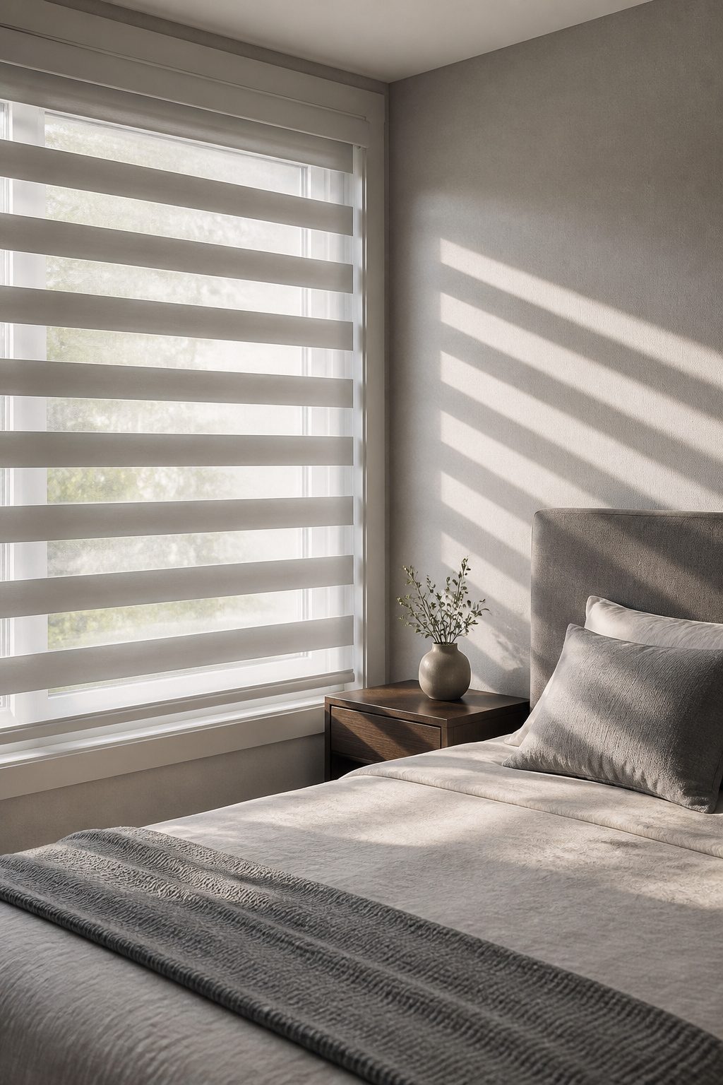 A window adorned with zebra shades.