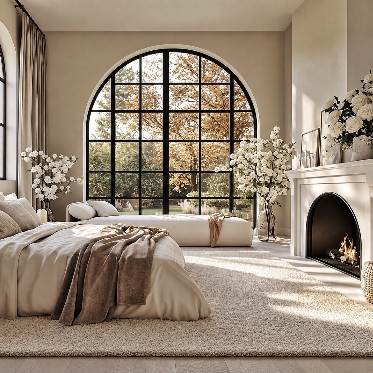 10 Bedroom Window Decor Ideas for Every Wall Height 7 Large arched window with black metal frames overlooking autumn trees in a neutral bedroom.