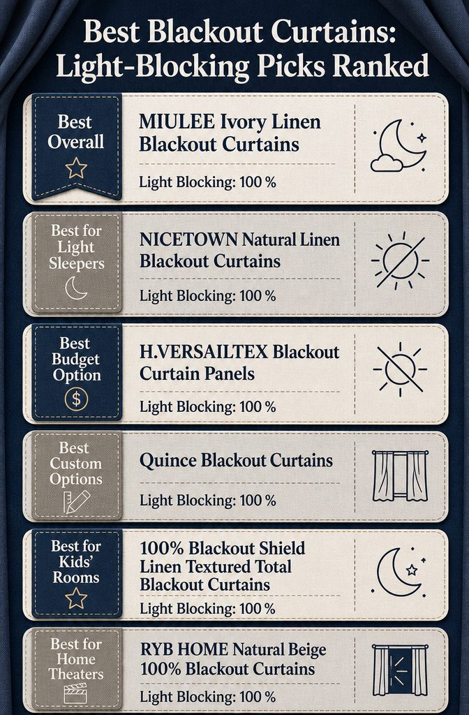 Infographic comparing various blackout curtains with ratings and features