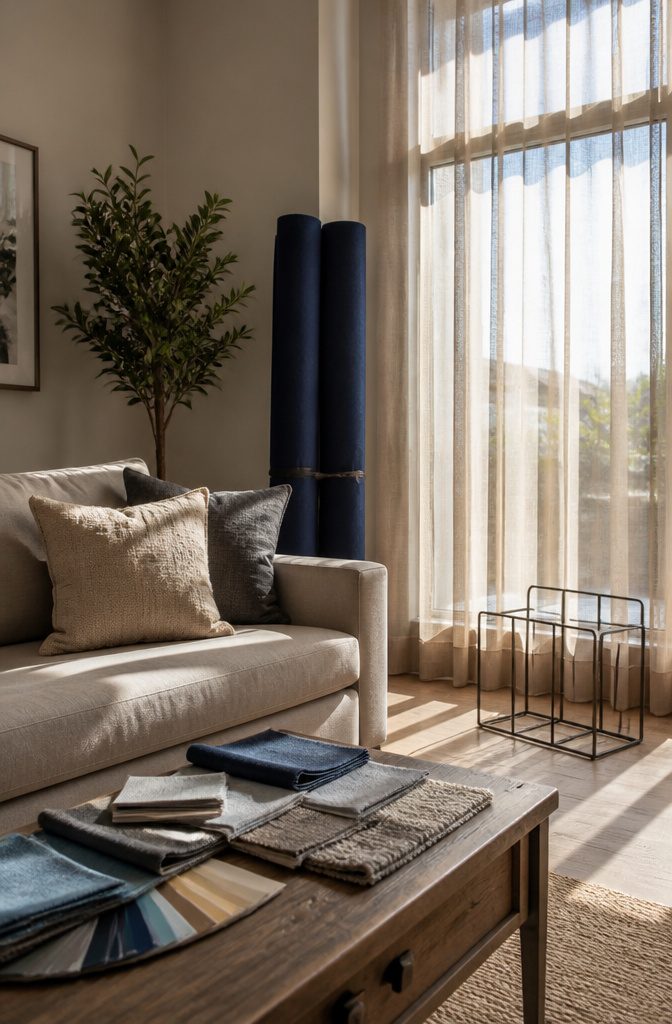 Cozy living room with curtains partially drawn, showing light filtering through