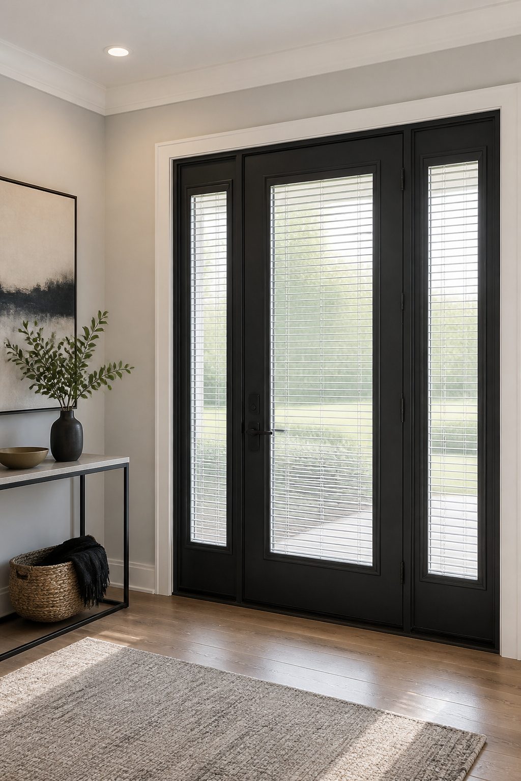 Entry door with Add-On Blinds between glass panes.