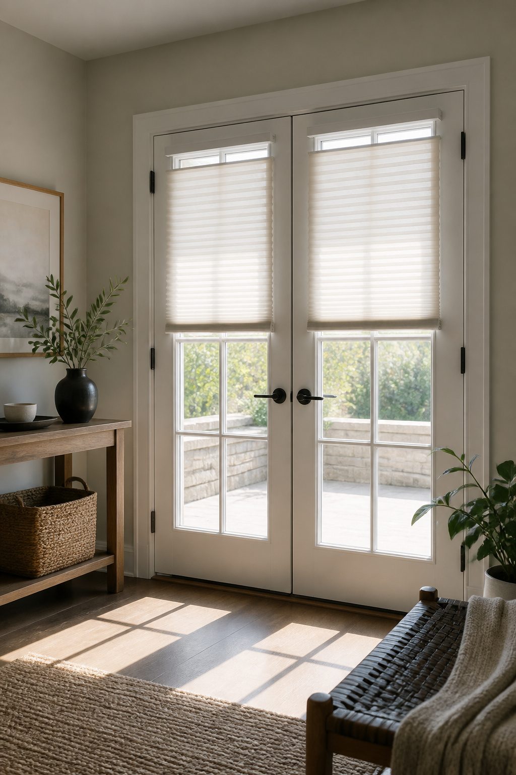 White cordless cellular shades hanging from a stylish French door.