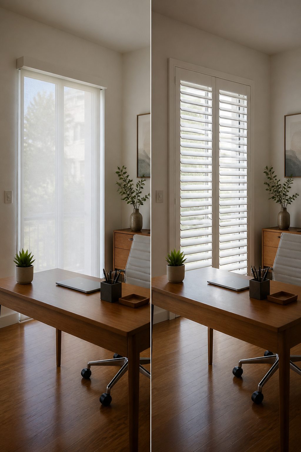 Display of various light control options for door blinds.