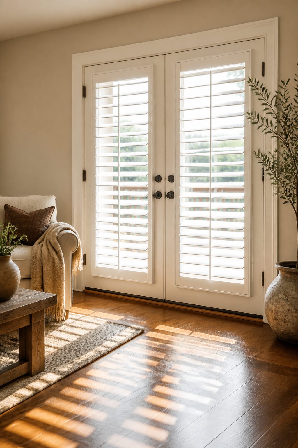 Solid wood plantation shutters mounted on a French door.