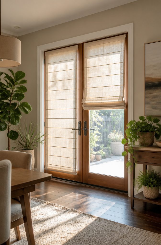 Tailored Roman shades on a pair of French doors in a dining room.