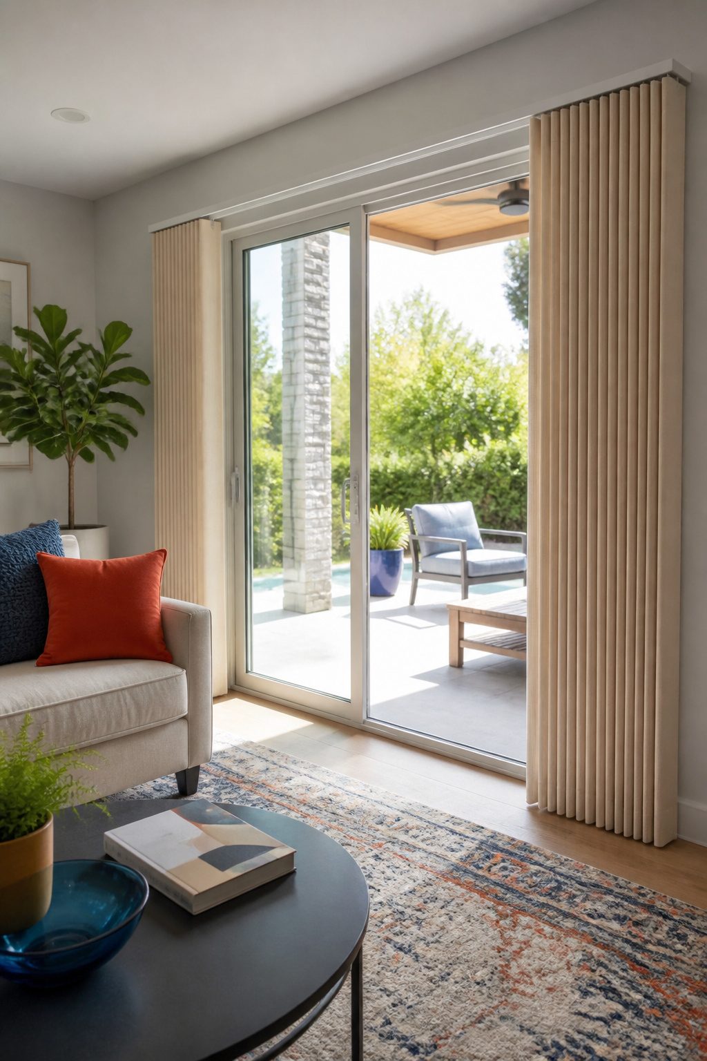 Light-filtering vertical cellular shades on a sliding door.