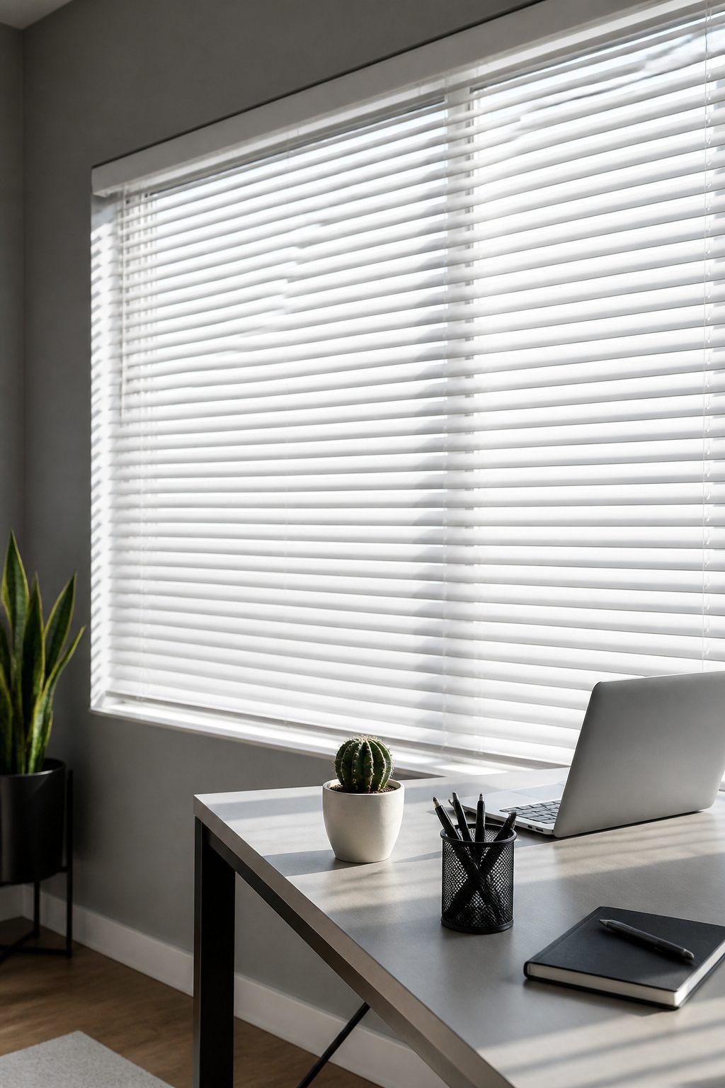 Thin stamped-aluminum slats stacked tightly in a bright room.