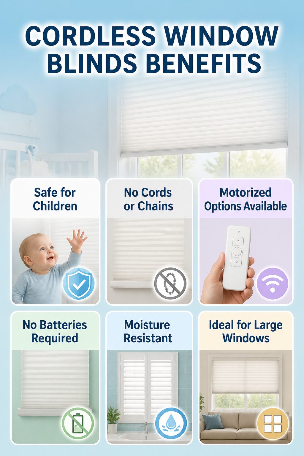 Cordless window blinds with a spring-loaded mechanism in a light room.