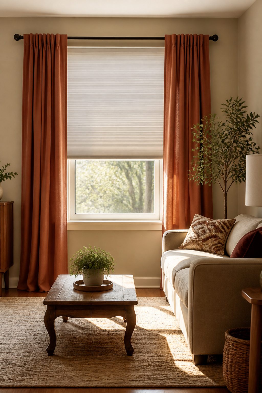 Soft terracotta drapery side panels framing a large window.
