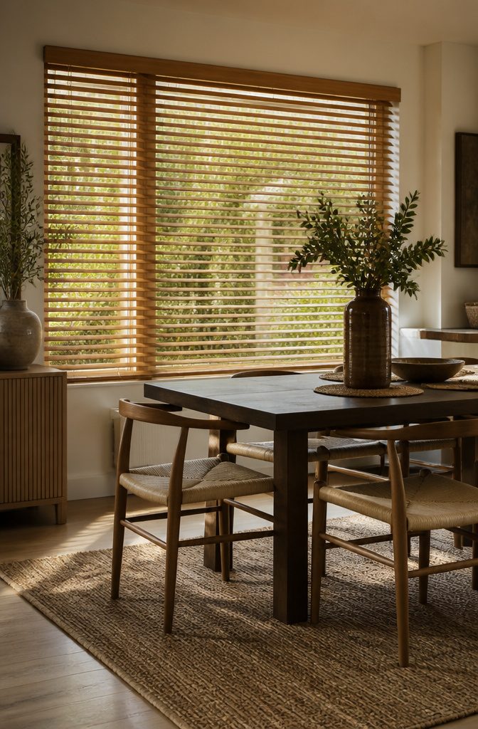 Horizontal wood blinds allowing light into a modern dining area.