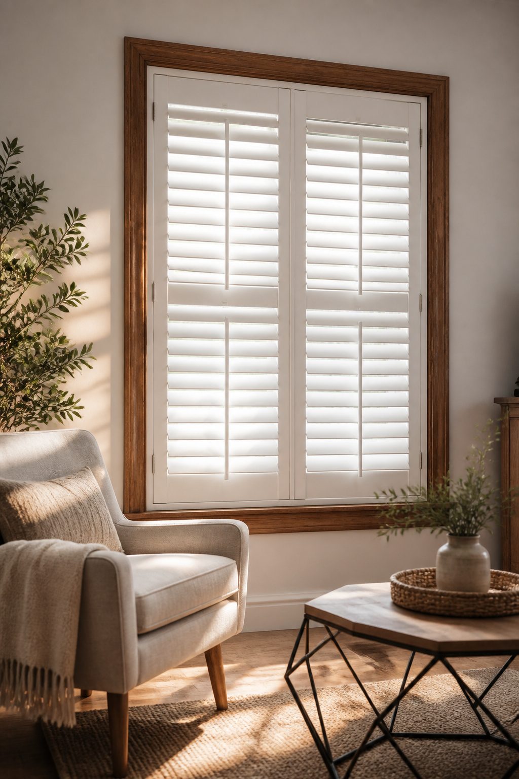 Hinged interior shutters with adjustable louvers in a bright room.
