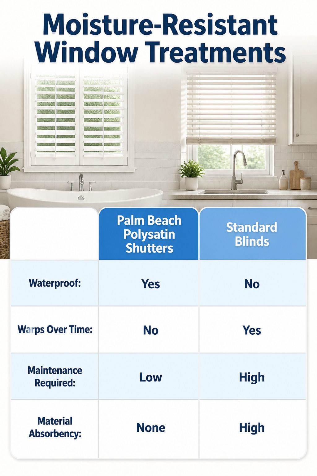 Moisture-resistant window treatments displayed in a bathroom setting.