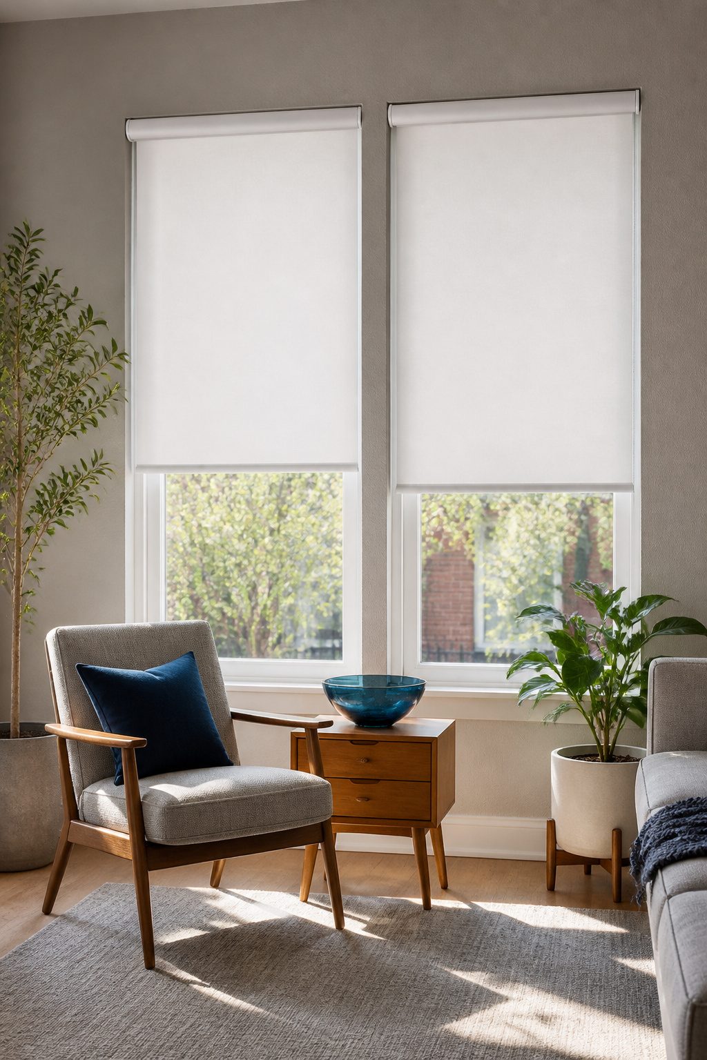 Crisp white roller shades fully extended in a modern living room.