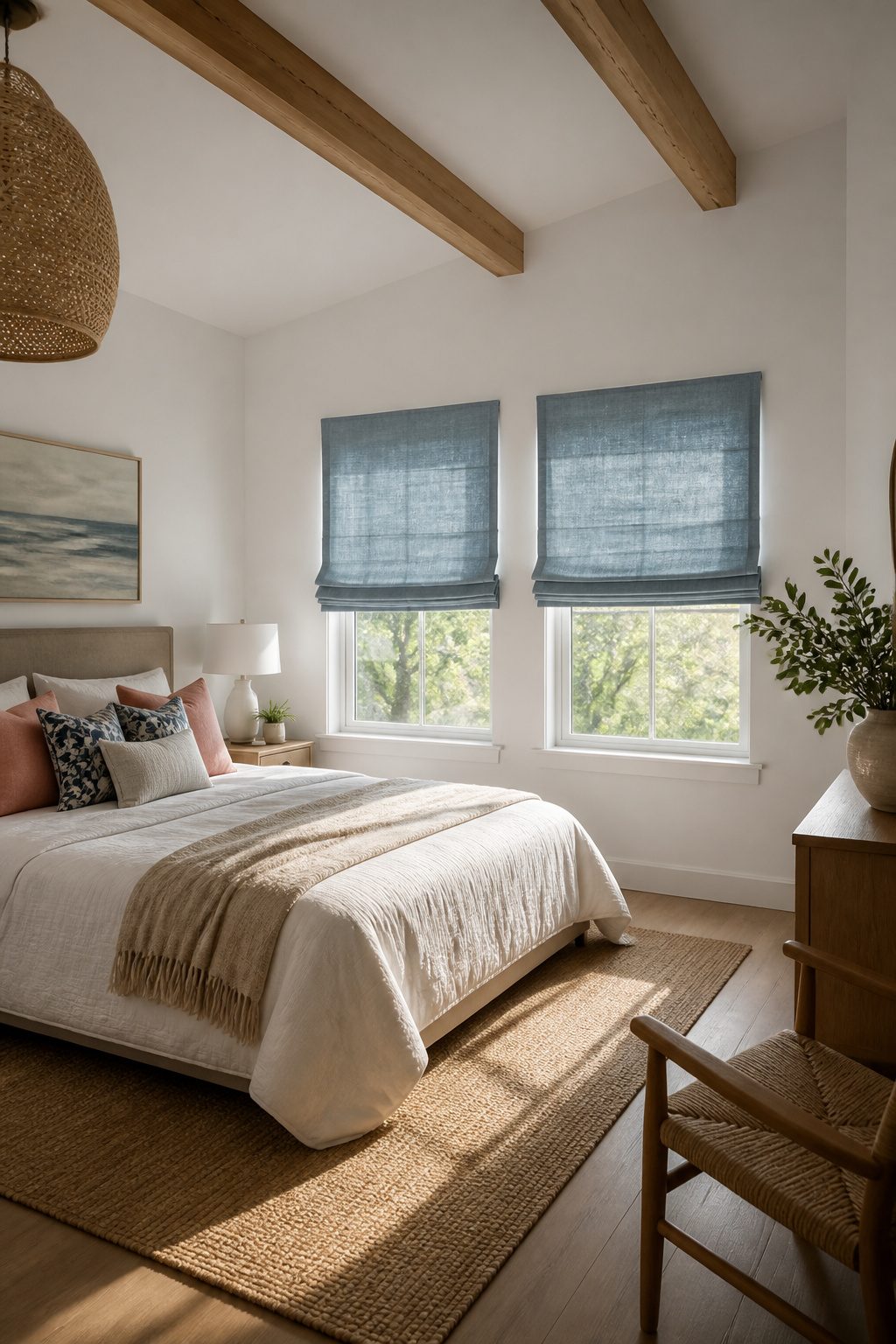 Folded fabric stacks of a Roman shade rising in a bright room.