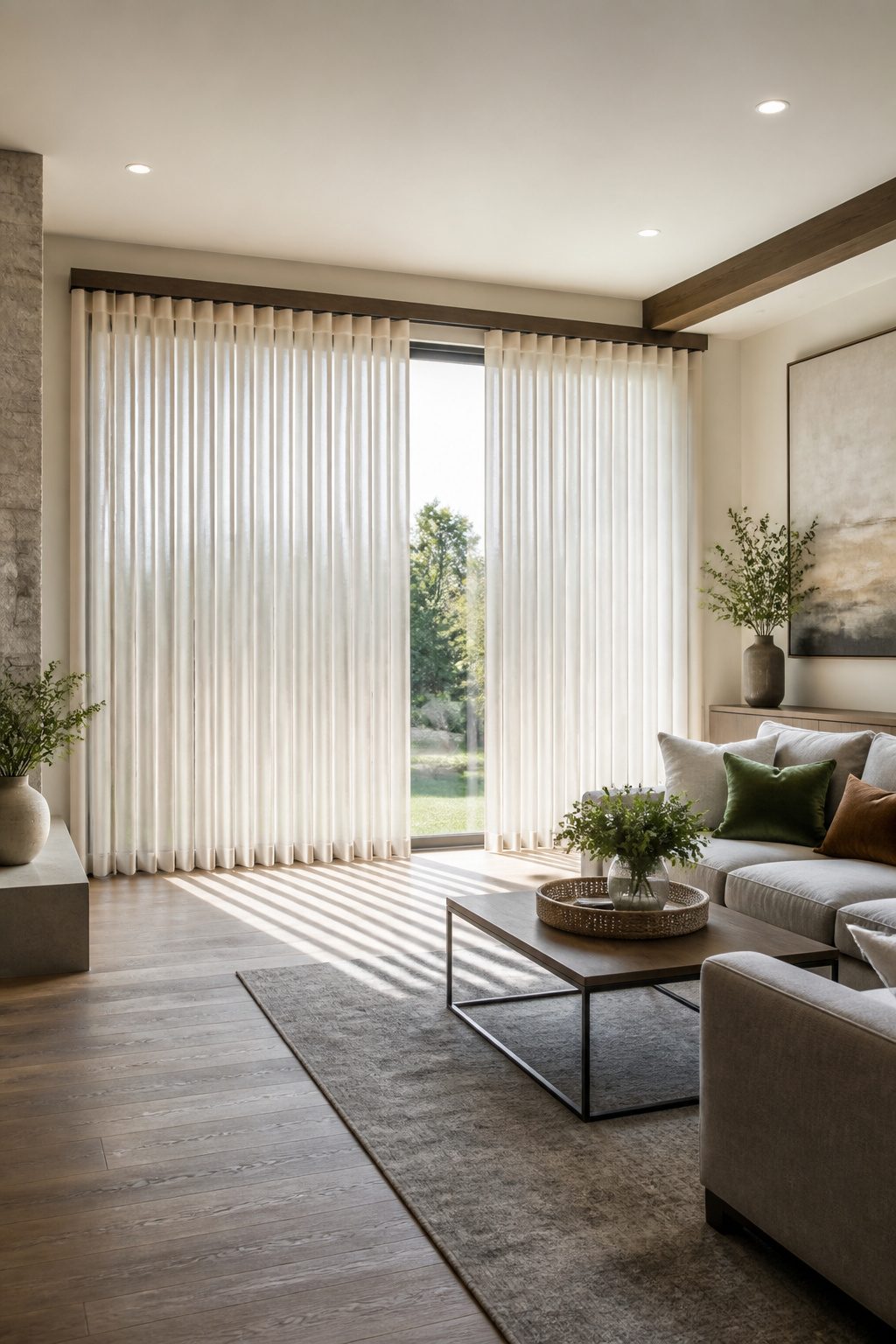 Vertical sheers with fabric vanes hanging in a spacious room.