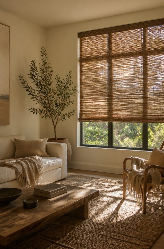 Woven wood shades filtering morning light in a stylish living room.