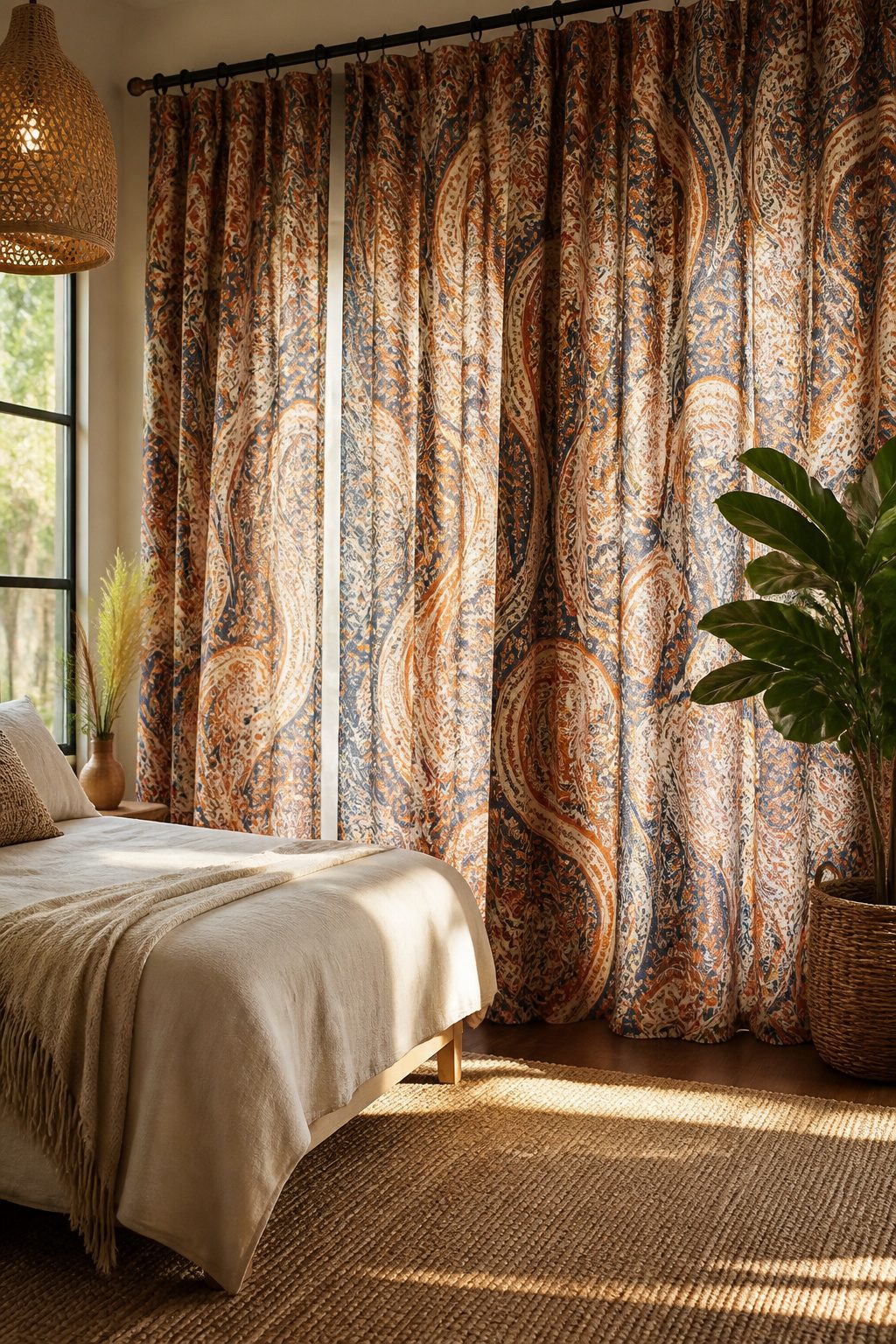 A large paisley print curtain hangs in a boho bedroom.