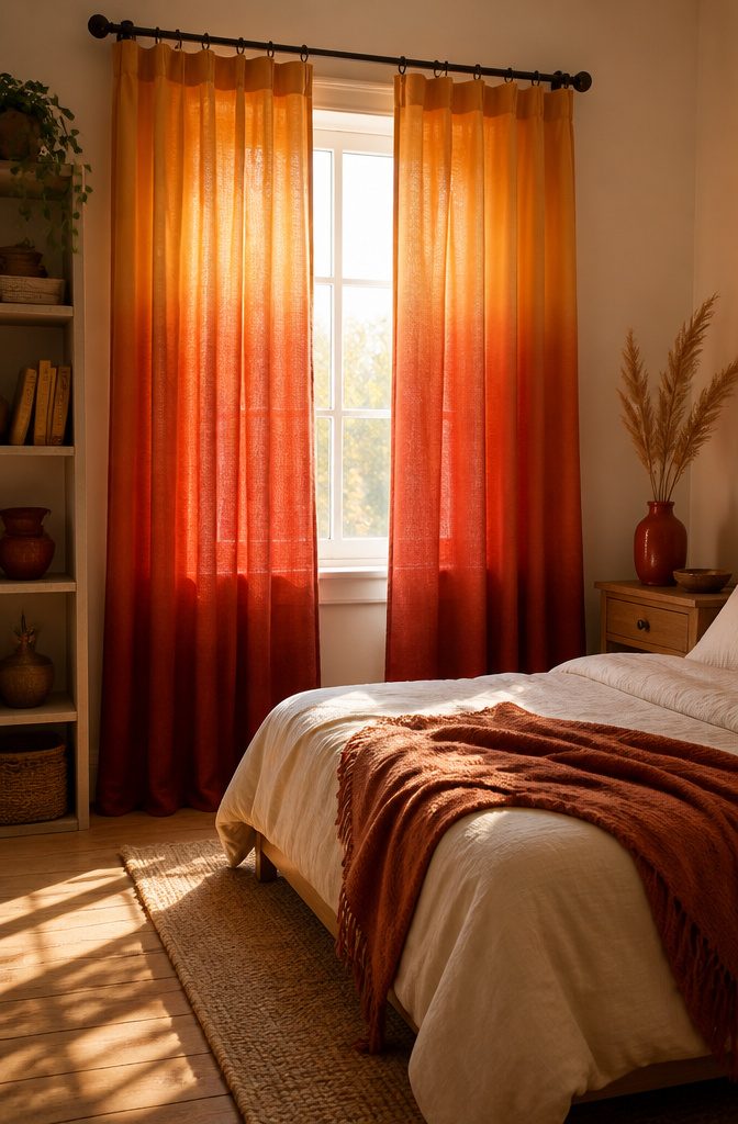 Ombre curtains in warm tones hang in a boho bedroom.
