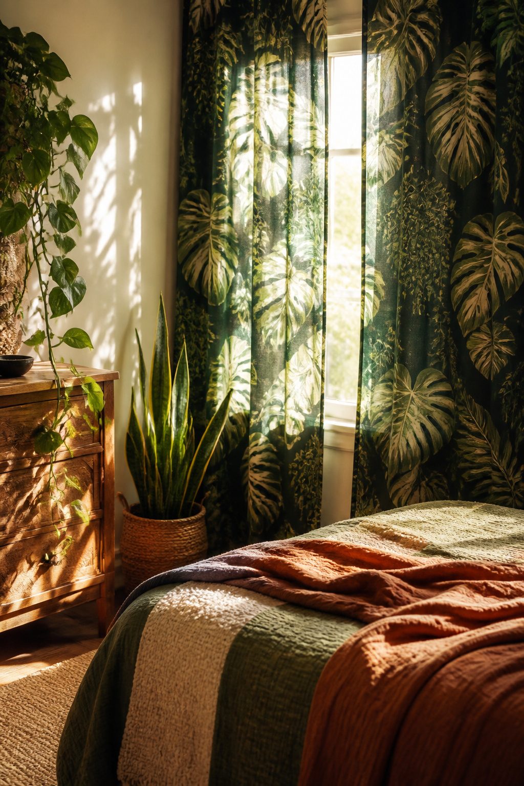 Botanical print curtains with large leaves adorn a window in a boho bedroom.