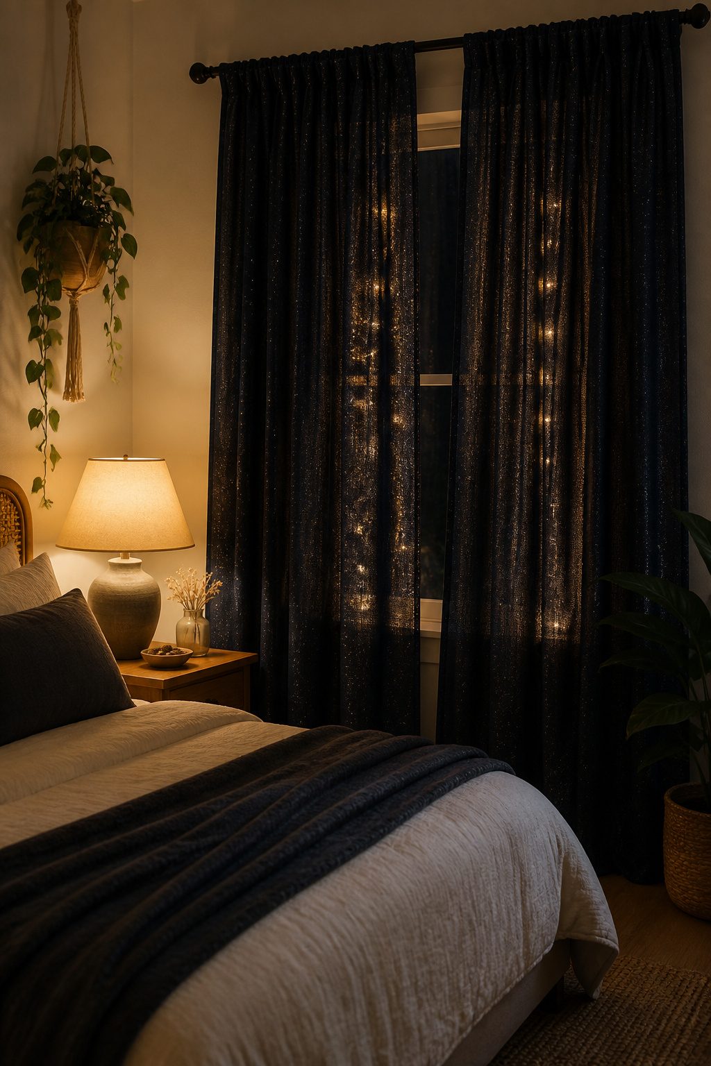 Navy curtains interspersed with metallic threads hang in a cozy bedroom.