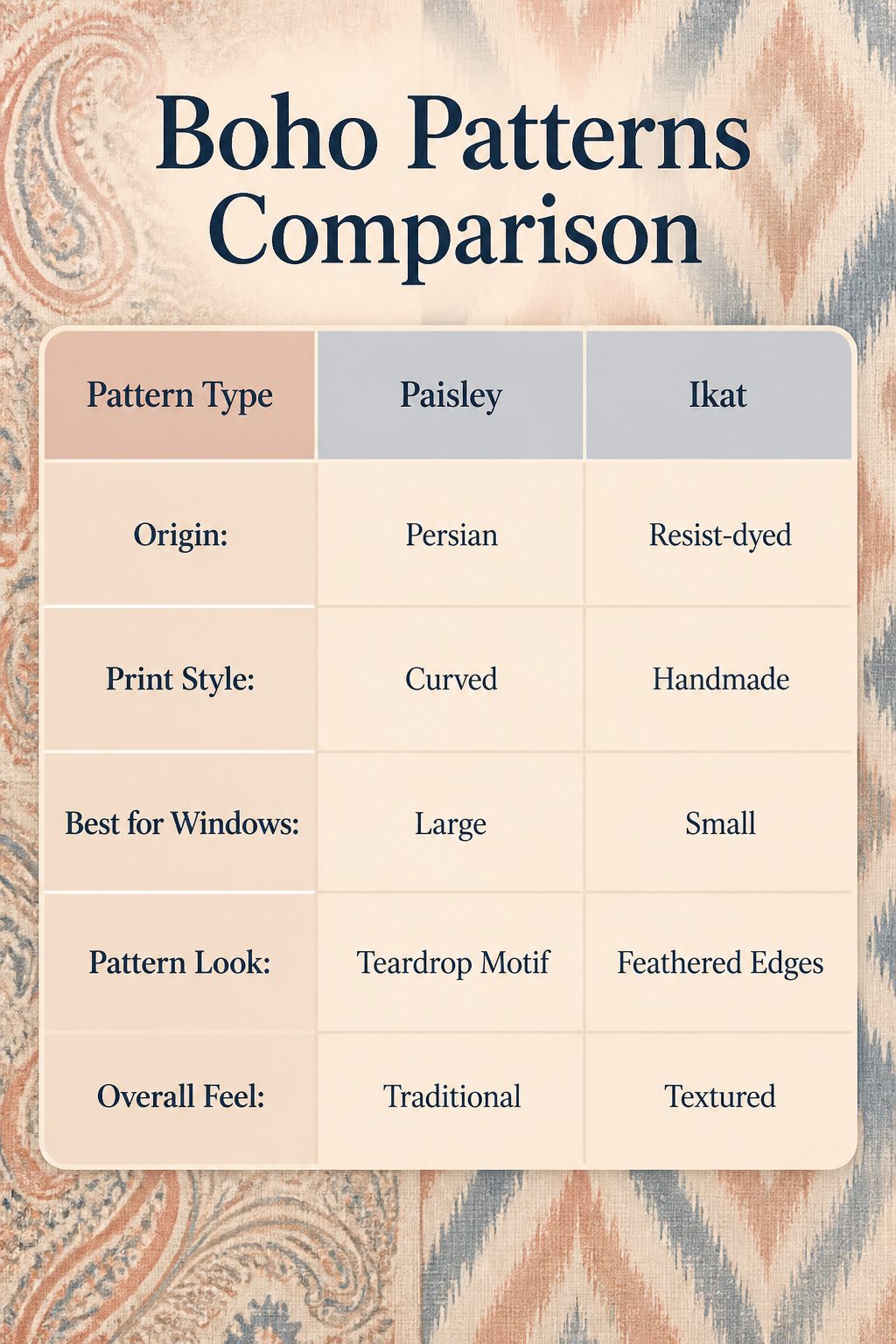 An image comparing various boho patterns including paisley and ikat.
