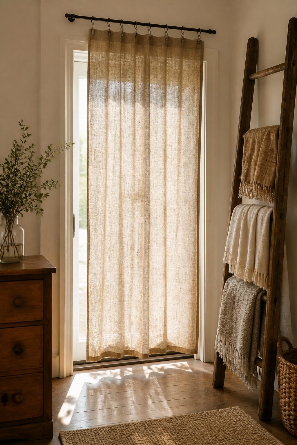 An earthy burlap curtain hanging in a sunlit room.