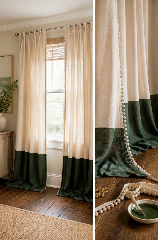 Store-bought curtains enhanced with trim and paint.
