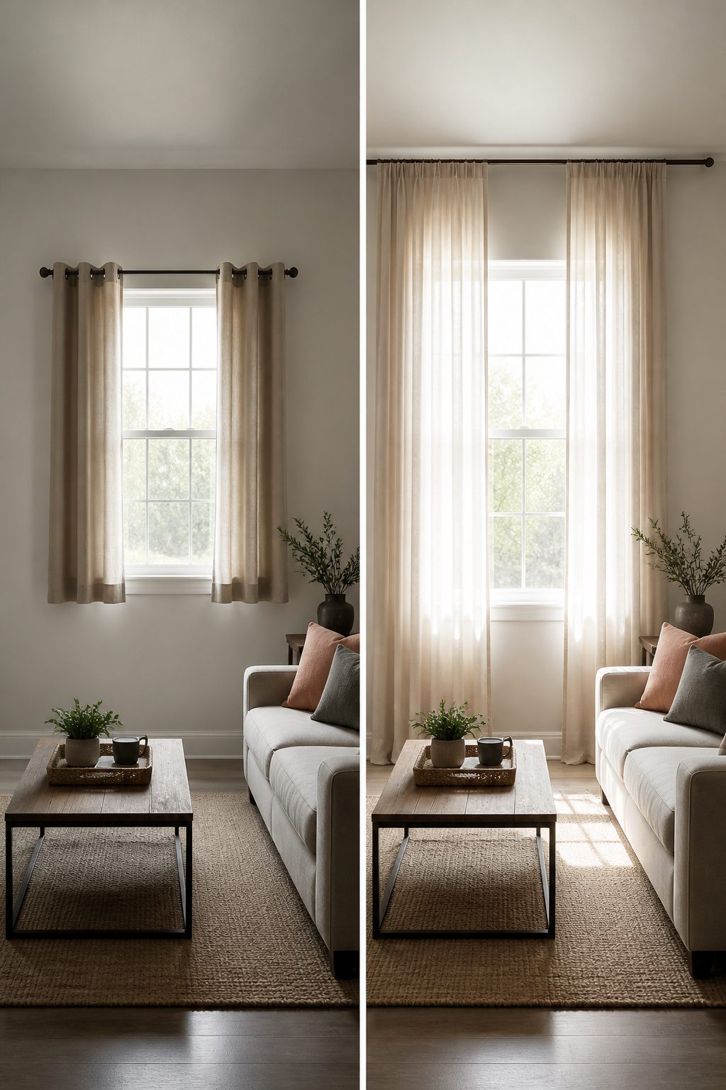 Curtain rods hung high and wide above a window.