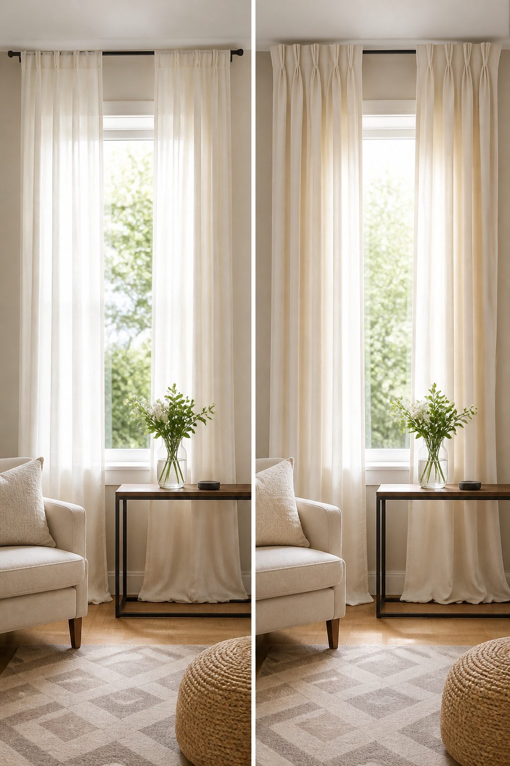 Long IKEA Lenda curtain panels hanging from a rod.